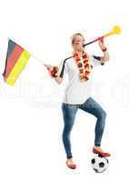 fußballfrau mit vuvuzela und flagge