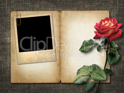 card for invitation or congratulation with red rose and old phot