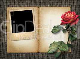card for invitation or congratulation with red rose and old phot