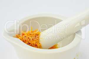 saffron in white mortar