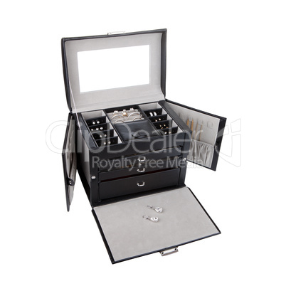 Black leather jewelery box isolated on white