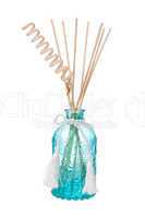 Blue air freshener bottle with scented sticks, isolated on white