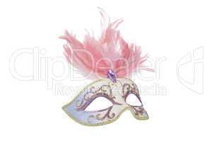 Beautiful carnival mask with pink feathers, isolated on white