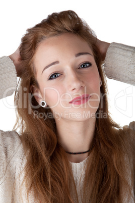 Teenage girl with red hair isolated on white