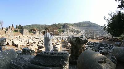 tourist video camera in ruins ancient Ephesus