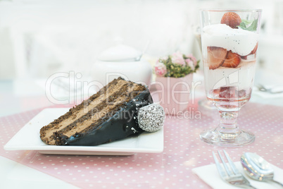 choco cake and a milkshake in confectionery