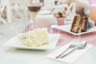 white cake and a milkshake in confectionery