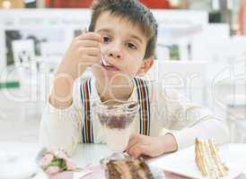 child eat milk choco shake