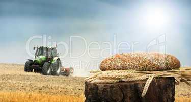 bread and wheat cereal crops.traktor on the background