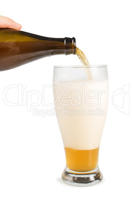 hand holding bottle of beer and beer mug