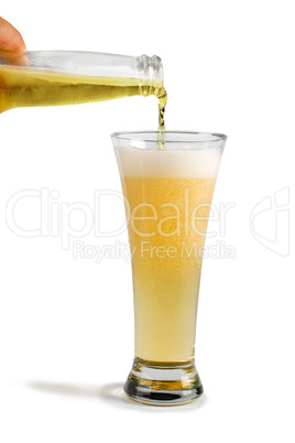 hand holding bottle of beer and beer mug