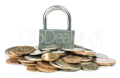 grey locked padlock and coins
