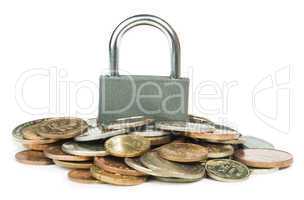 grey locked padlock and coins
