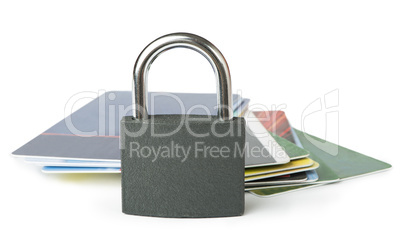 grey locked padlock and credit cards.