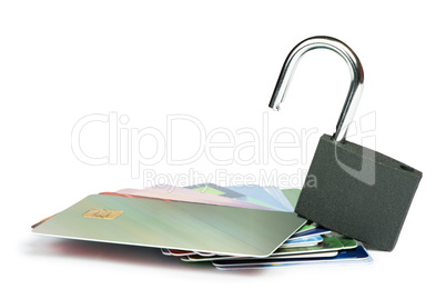 grey locked padlock and credit cards.