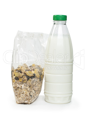 muesli breakfast in package and bottle milk