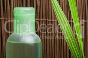 green cosmetic bottle and leaf