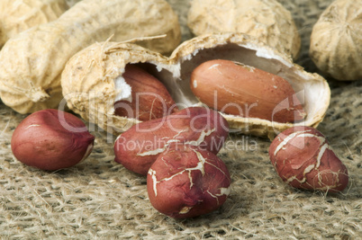 closeup peanuts on burlap