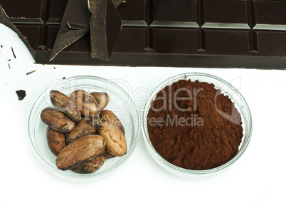 cocoa beans, cocoa powder and chocolate bar