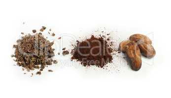 cocoa beans, cocoa powder and grated chocolate