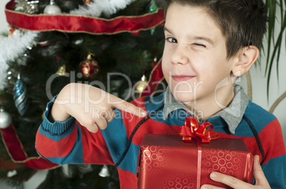 boy points out his gift on christmas