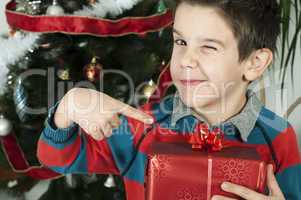 boy points out his gift on christmas