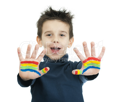 boy hands painted with colorful paint