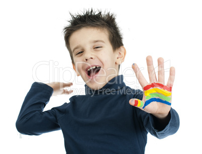 boy hands painted with colorful paint