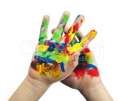 boy hands painted with colorful paint