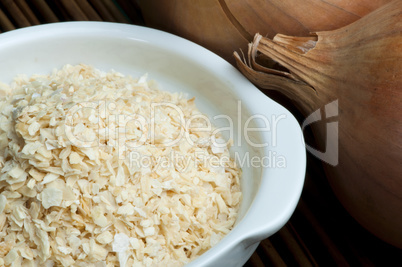 mature onion and bowl with dried onion powder