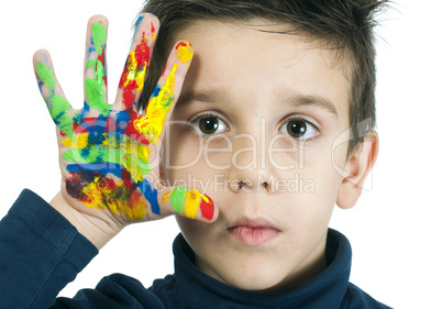 boy hand painted with colorful paint