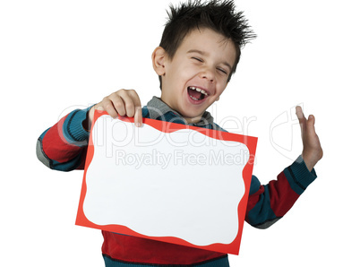 boy who laughs and holds white board