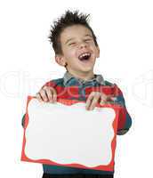 boy who laughs and holds white board