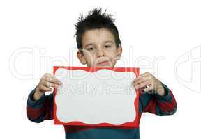 unhappy boy who holds white board.