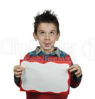 boy looking up and holds white board