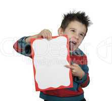 little boy points whiteboard