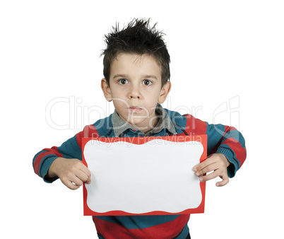 boy with serious look who holds white board.