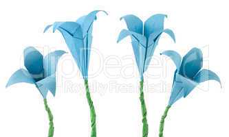 origami blue flowers white isolated.