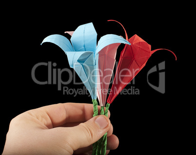 hand with bouquet pink, red and blue flowers
