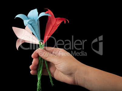 hand with bouquet pink, red and blue flowers