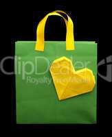 green shopping bag with heart.