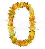 number zero made of autumn leaves.