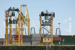 working crane bridge in shipyard at dusk for logistic import exp