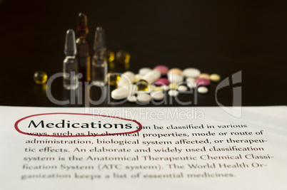 drugs and paper with text medications