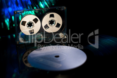 LP vinyl record, cassette tape and disco lights