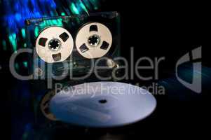 LP vinyl record, cassette tape and disco lights