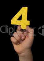 Children hand holding the number Four.