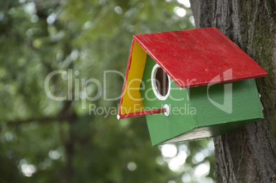 Home-made bright colored bird house