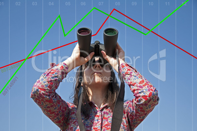 Woman with binoculars and stock market scale