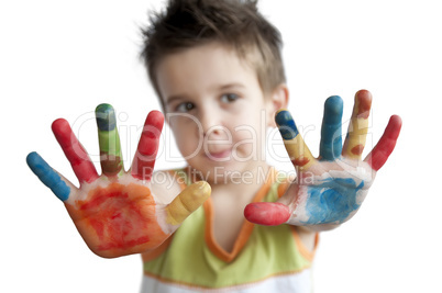 Children colored hands. Little boy hands.